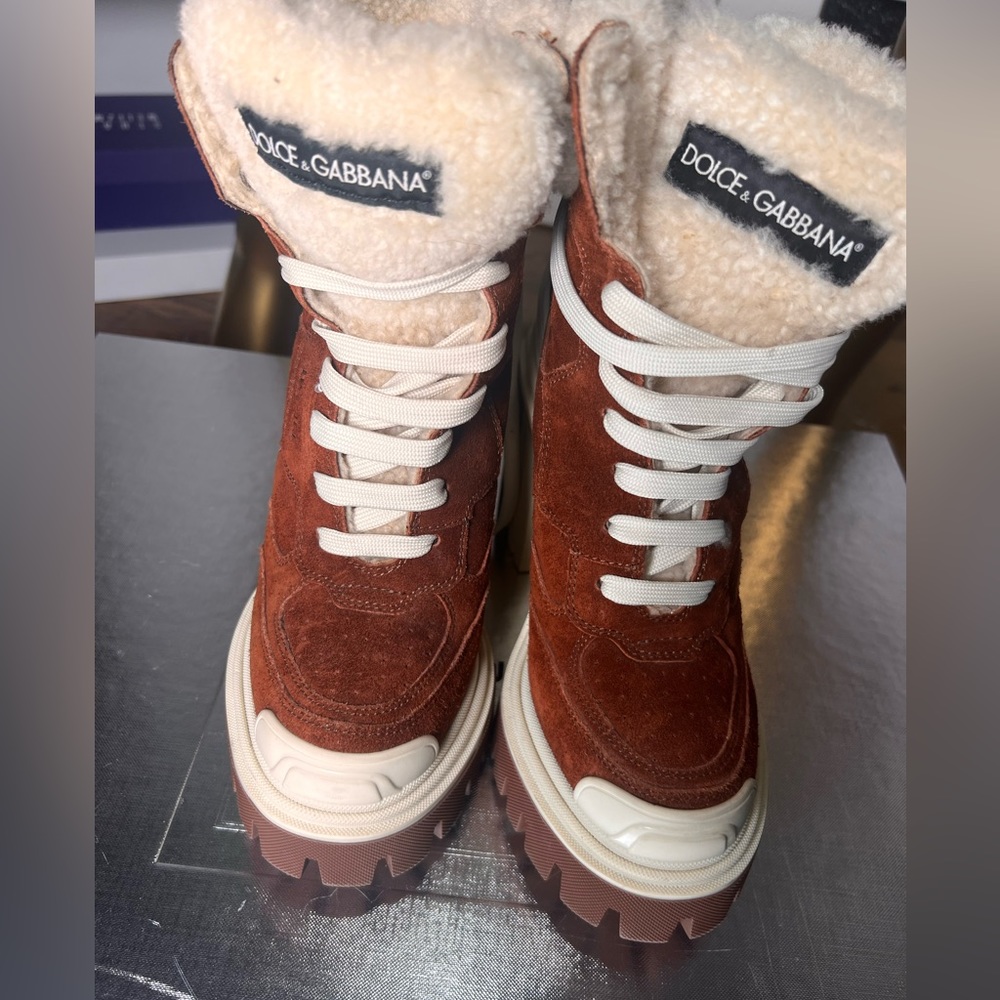 Dolce & Gabbana Trekking Shearling and Suede Booties.